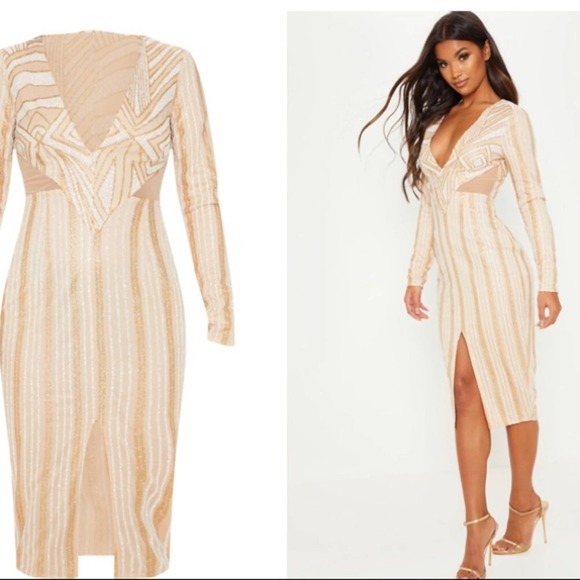 Prettylittlething women's Gold Glitter Plunge Mesh Insert Midi Dress size 4 - Picture 1 of 6